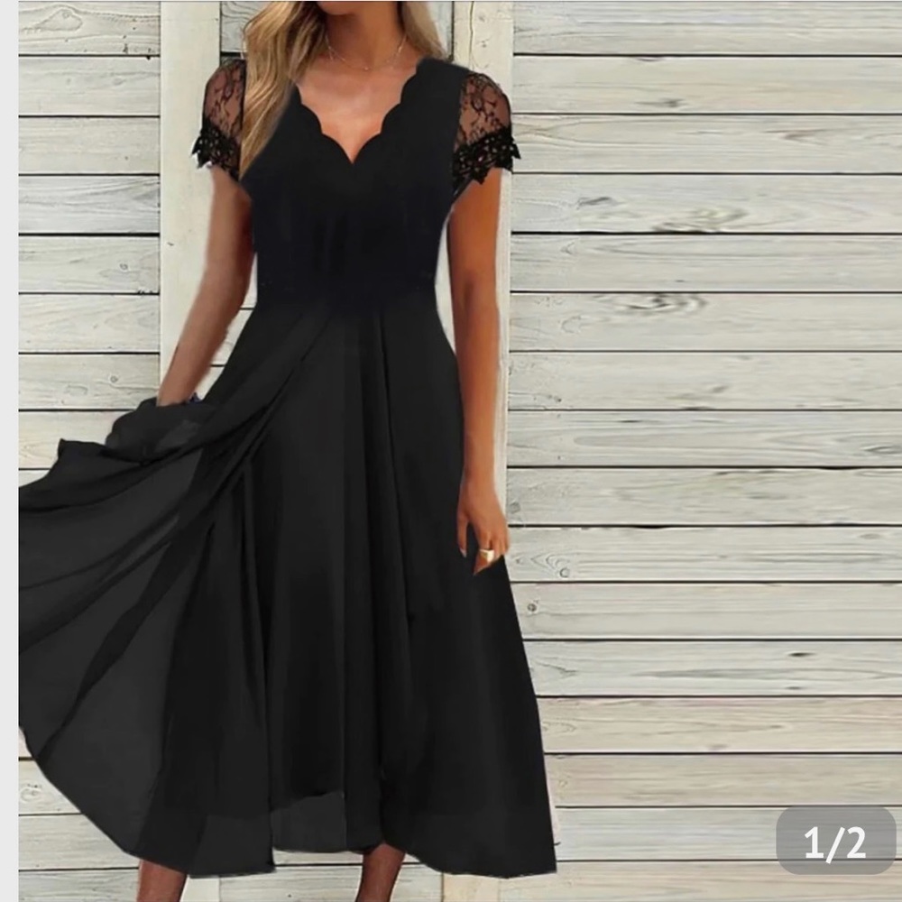 Black Lace Cap Sleeve Midi Dress
